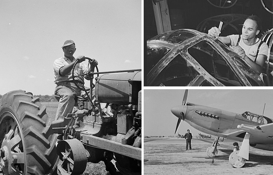 A collage of images of farmers and aviator workers. 