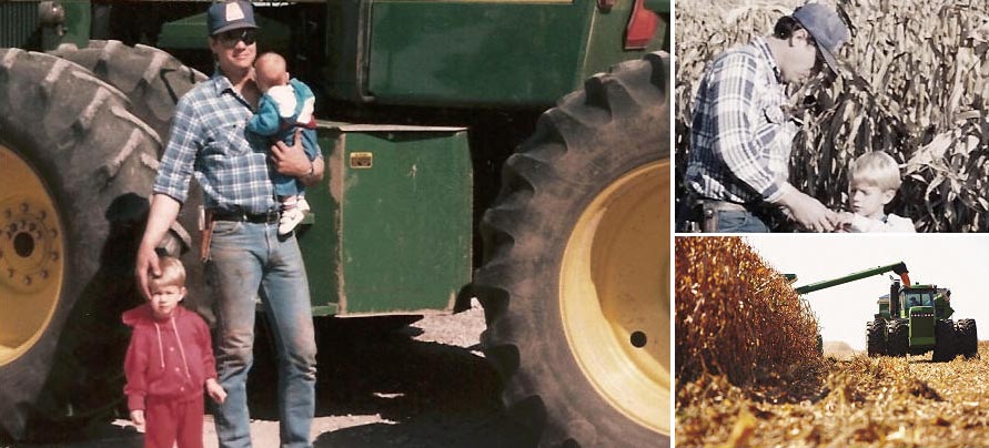 Collage of images of a farmer with his children